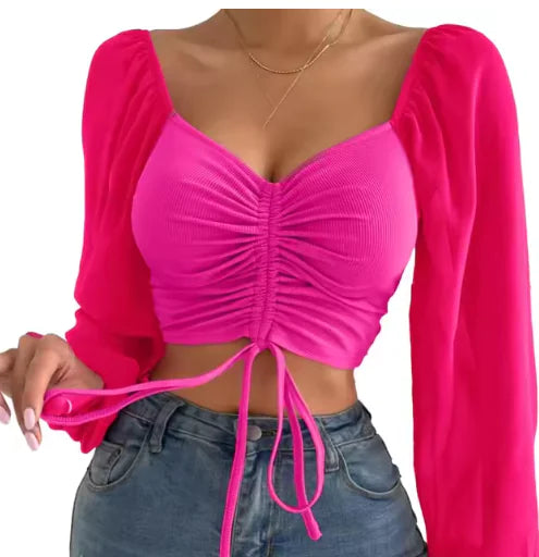 V-Neck Drawstring Crop Top with Balloon Sleeves