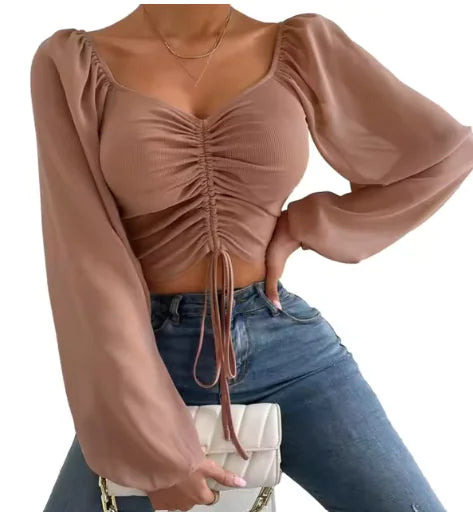 V-Neck Drawstring Crop Top with Balloon Sleeves