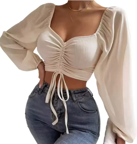 V-Neck Drawstring Crop Top with Balloon Sleeves