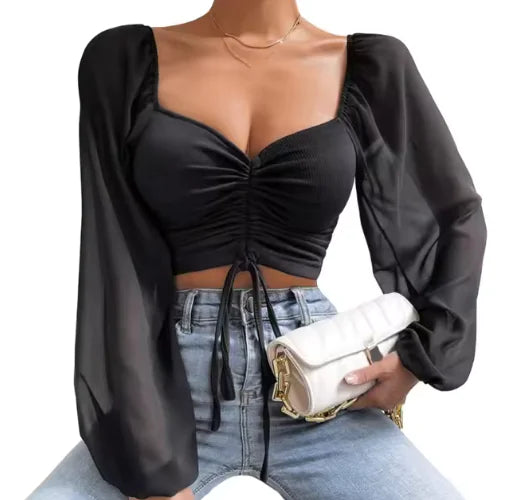 V-Neck Drawstring Crop Top with Balloon Sleeves