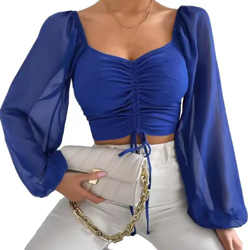 V-Neck Drawstring Crop Top with Balloon Sleeves